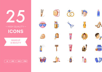 Vector set of Makeup and Beauty icons. The collection comprises 25 vector icons for mobile applications and websites.