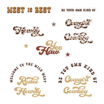 Howdy Valentines Day cowboy cowgirl western retro style text cow spots ornament vector illustration isolated on white. Wild west vintage slogan print set. 