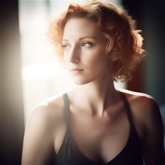 Fototapeta premium woman model with singlet on streaming sunlight made by Generative AI