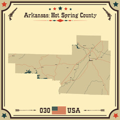 Large and accurate map of Hot Spring County, Arkansas, USA with vintage colors.