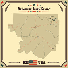 Large and accurate map of Izard County, Arkansas, USA with vintage colors.