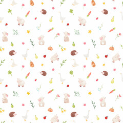 Beautiful children's seamless pattern with hand drawn watercolor cute animals flowers and veggies. Stock illustration.