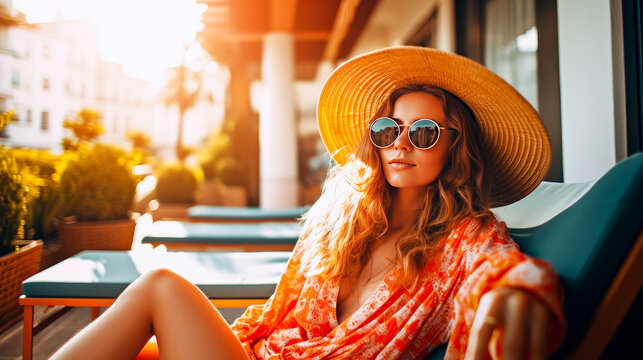 A woman wearing a hat and sunglasses on a summer getaway relaxing in the sun by the pool at a resort. A great summer vacation (generative AI)