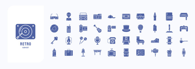 A collection sheet of solid icons for Retro objects, including icons like Alien, boombox, camera, Cassette, Donut and more