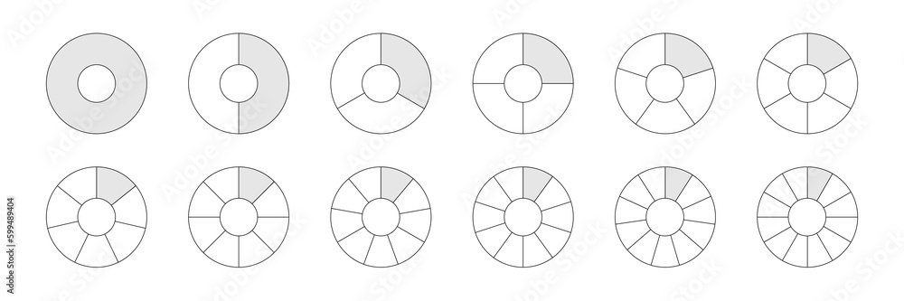 Poster toruses with sections set vector illustration. abstract black line pie charts with divisions, graphi