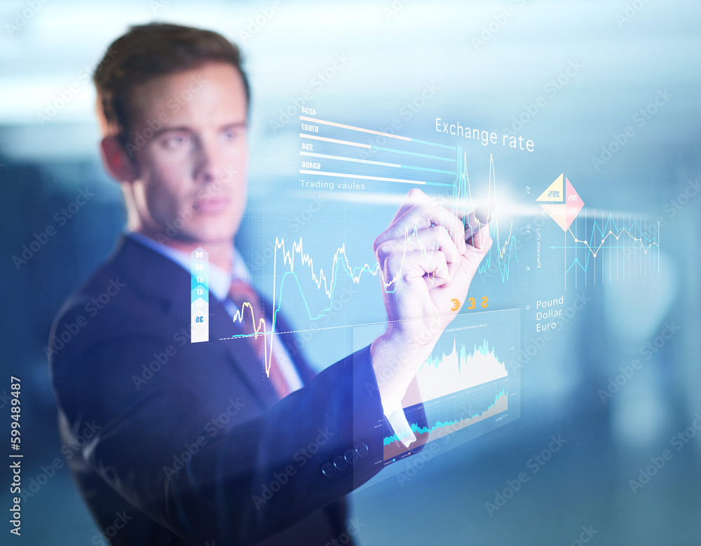 Poster Finance, dashboard and overlay with a business man using a wireless 3d interface for exchange rate trading. Accounting, software and digital information technology with a male broker or trader online