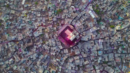 Aerial view of Holi festival celebration near Shri Nand Baba Temple, Nandgaon, Uttar Pradesh, India.