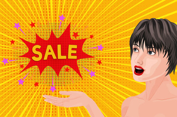 Speech bubble and surprised woman with hand illustration pop art sale yellow bg