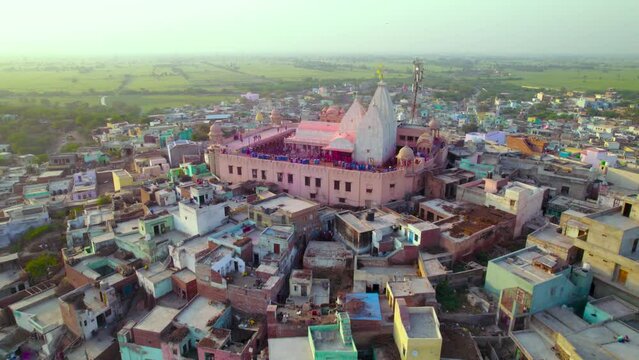 Aerial view of Holi festival celebration near Shri Nand Baba Temple, Nandgaon, Uttar Pradesh, India.