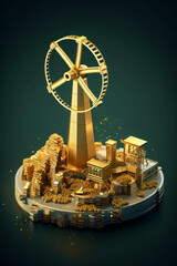Illustration of golden grainmill surrounded golden stacks and agriculture farm. rich harvest concept