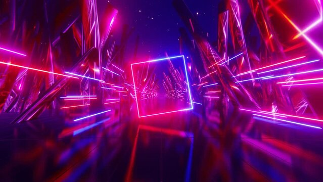 Abstract neon background with defocusing at the edges. Neon square and lines move in space. Reflection. Futuristic background. Neon traffic. cyclic animation in 3D 4K 