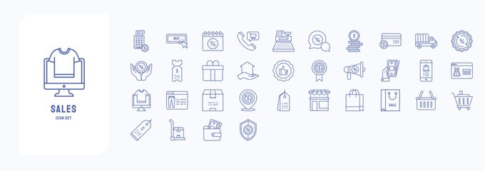 Fototapeta na wymiar A collection sheet of outline icons for Sales and marketing, including icons like bill, Buy, Credit Card, Discount and more