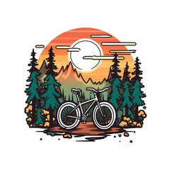 bike in front of a forest cartoon t-shirt design graphic, vector, Contour, isolated on white background no Mockup