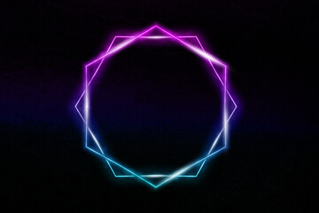 Abstract star from geometry of pink and blue glowing neon lighting on dark background with copy space. illustration futuristic neon illuminate frame concept.