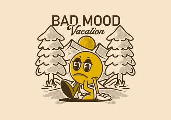 Ball head character illustration between two pine trees