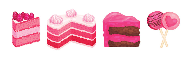 Pink Fruity Desserts with Cake and Candy Vector Set
