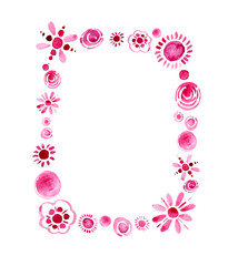 Frame of decorative pink flowers on a white background.