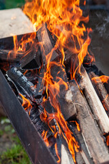 The firewood in the grill burns with a bright orange flame. Preparation for cooking meat on the grill in nature. Fire flames and smoke 