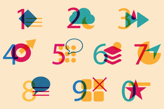 Set of numbers and geometric shapes. Colorful cute screen printing effect. Riso print effect. Vector. Graphic element  for fabric, textile, clothing, wrapping paper, wallpaper, poster, logo. 