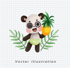 Summer vacation concept. Happy Cute kawaii Panda with pineapple. vector cartoon watercolor illustration.