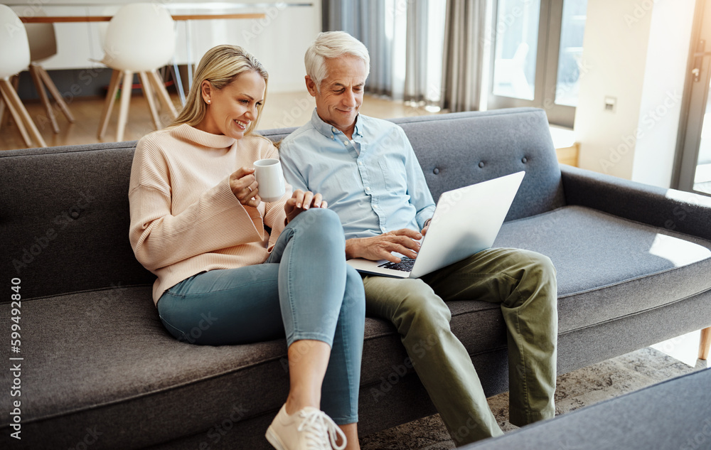 Poster what better way to spend a retirement. a mature couple using a laptop on the sofa at home.