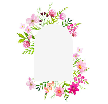 Floral frame with pink wildflowers on a white background, floral background