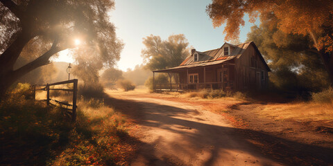 Ranch background with house on sunset. Countryside sunrise. Beautiful nature landscape. Generative Ai.
