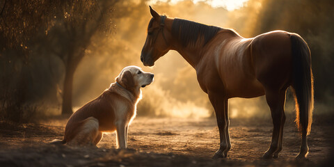 Cute friendship of labrador retriever and horse on a rancho.Pets friendship concept. Dogs. Generative ai.