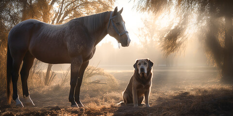 Cute friendship of labrador retriever and horse on a rancho.Pets friendship concept. Dogs. Generative ai.