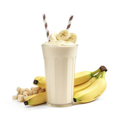 Banana milkshake with fresh bananas isolated on white background. Generative AI