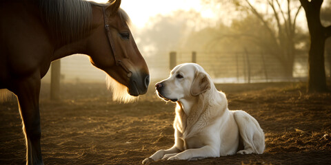 Naklejka na ściany i meble Cute friendship of labrador retriever and horse on a rancho.Pets friendship concept. Dogs. Generative ai.