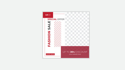 Fashion sale social media post design square vector template, red color, Suitable for social media post and web  ads.
