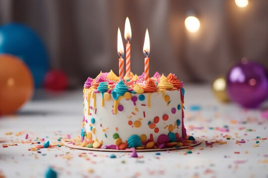 Happy birthday cream cake with candles, sprinkles and brithday decoration. Generative AI