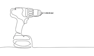 Cordless drill in one line continuous style. Line art screwdriver with drill isolated on white background.