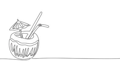 One line continuous cocktail in coconut. Fresh drink in line art outline hand drawing style. Vector illustration.