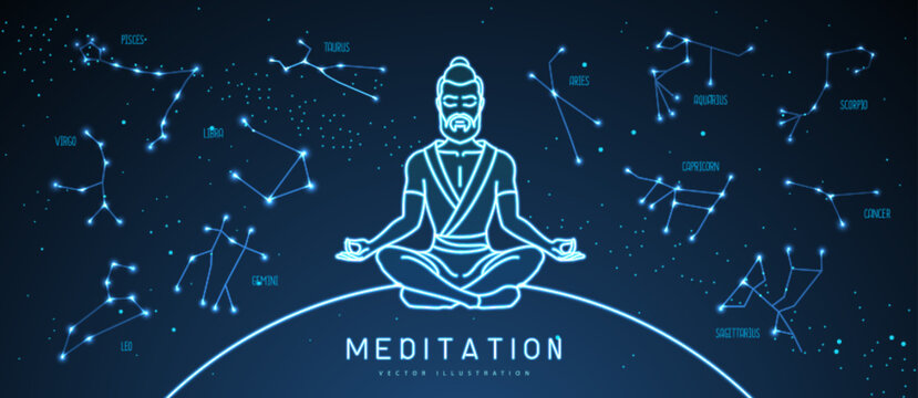 Neon meditating man with zodiac constellations in the night sky. Set of Zodiac signs. Vector illustration