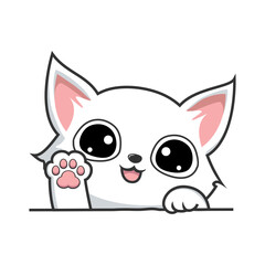 White Cat Kawaii Waving Paws Hand - Cute White Pussy Cat Cartoon