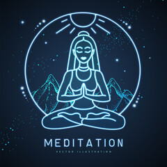 Young Woman meditation in lotus position in the mountains with starry sky. Neon sign. Vector illustration