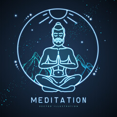 Handsome man meditation in lotus position in the mountains with starry sky. Neon sign. Vector illustration