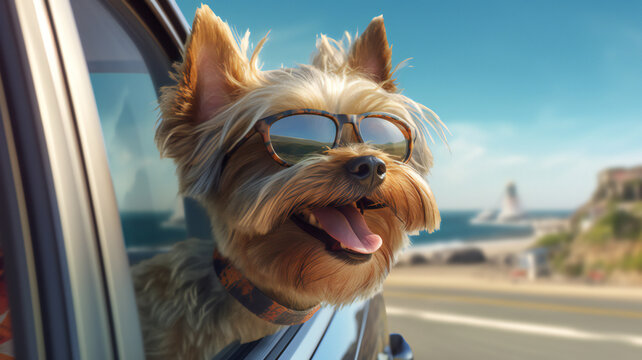 Dog enjoying from traveling by car. generative AI