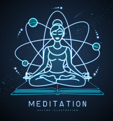  Neon young woman meditation in lotus position on outer space background. Vector illustration