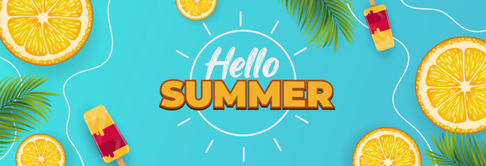 hello summer. banner background with oranges and ice cream. summer tropical design