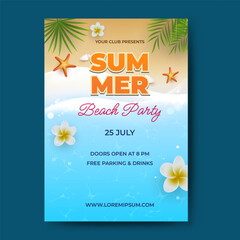 summer beach party. beautiful beach design with tropical flowers and leaves