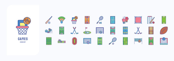 A collection sheet of linear color icons for Stadiums and Games, including icons like Baseball Game, Basketball, Boxing, cricket and more