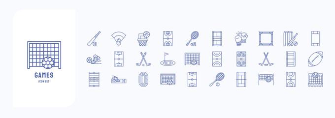A collection sheet of outline icons for Stadiums and Games, including icons like Baseball Game, Basketball, Boxing, cricket and more