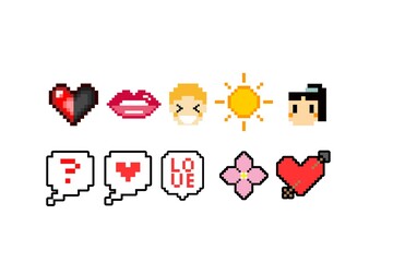 Set of minimalistic pixel art objects and people  isolated