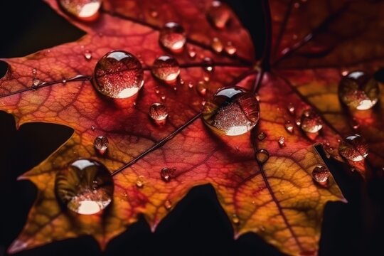 Maple leaves under a microscope in drops of water and oil. macro art. hd wallpaper, Generative AI