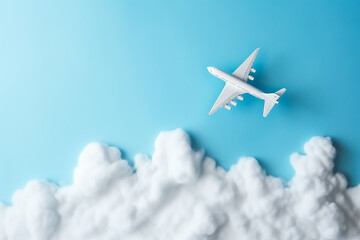 Fototapeta na wymiar Flugzeug mit Wolken blauer Hintergrund KI