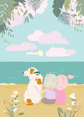 Obraz na płótnie Canvas Cartoon Happy Couple with Dog sitting on the Beach Shore of the Ocean