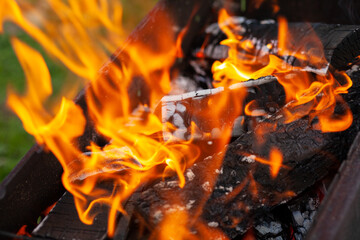 The firewood in the grill burns with a bright orange flame. Preparation for cooking meat on the grill in nature. Fire flames and smoke 